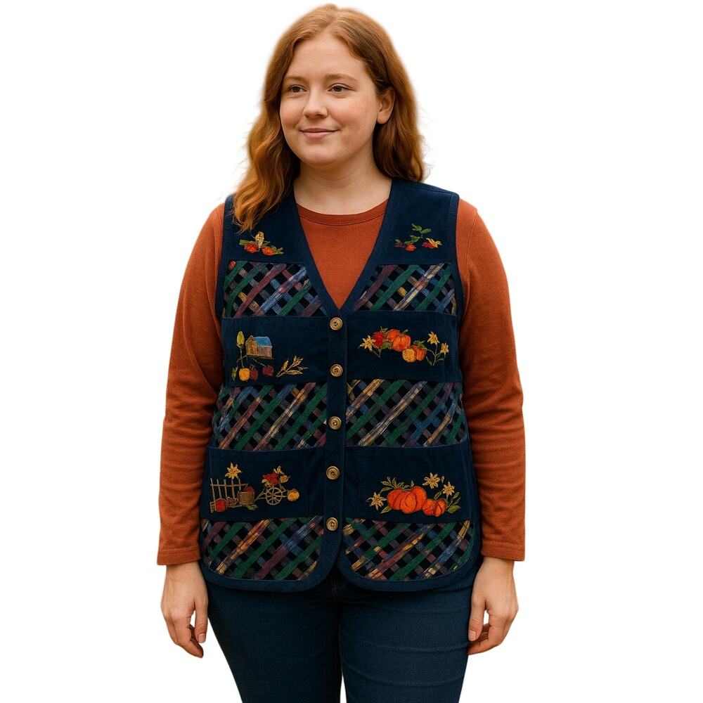 Casey & Max Patchwork Plaid Fall lattice Embroidered Vest Pumpkins Harvest Large